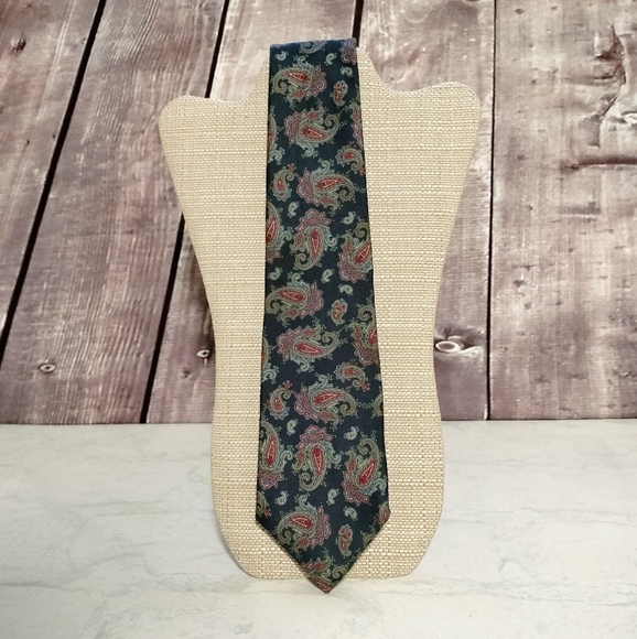 Hardy Amies London Vintage Men's Tie / Burgundy Red & Green Paisley Silk Necktie - Picture 1 of 8